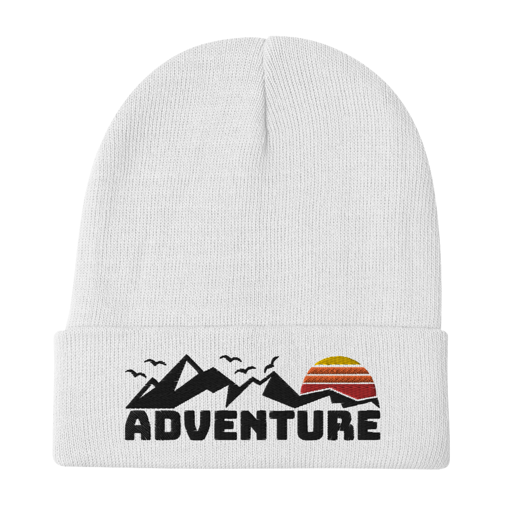 Retro Beanie - Mountain and Adventure Typography Design White