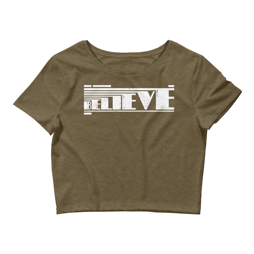 Retro Crop Top - Believe Typography Design Heather Olive