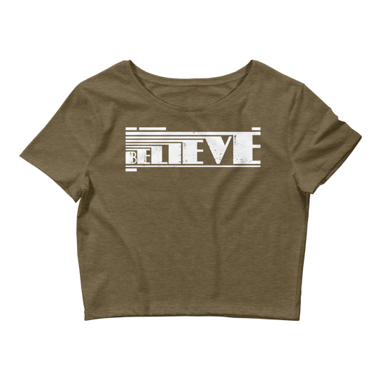 Retro Crop Top - Believe Typography Design Heather Olive