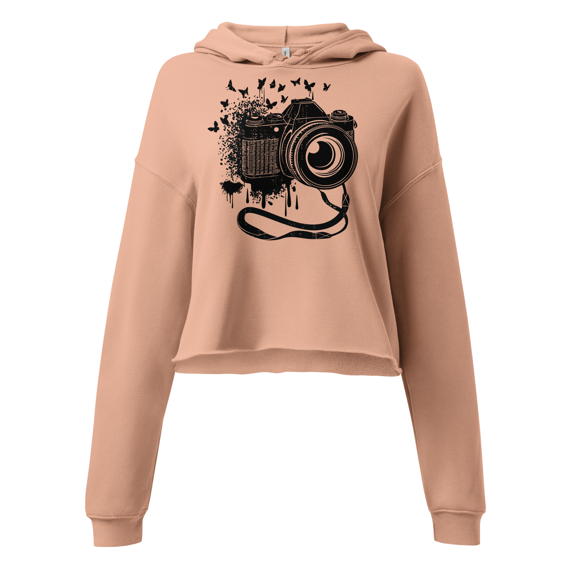 Retro Cropped Hoodie - Vintage Camera and Butterflies Ghost Front