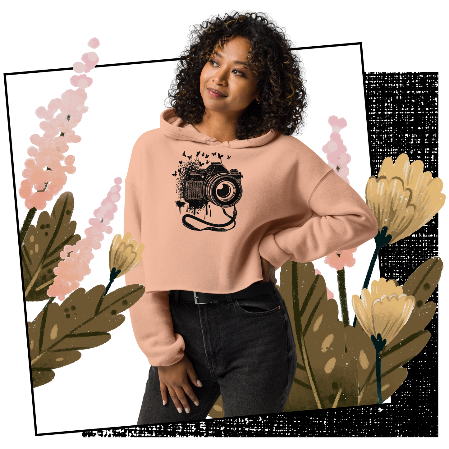 Retro Cropped Hoodie - Vintage Camera and Butterflies Lifestyle 01