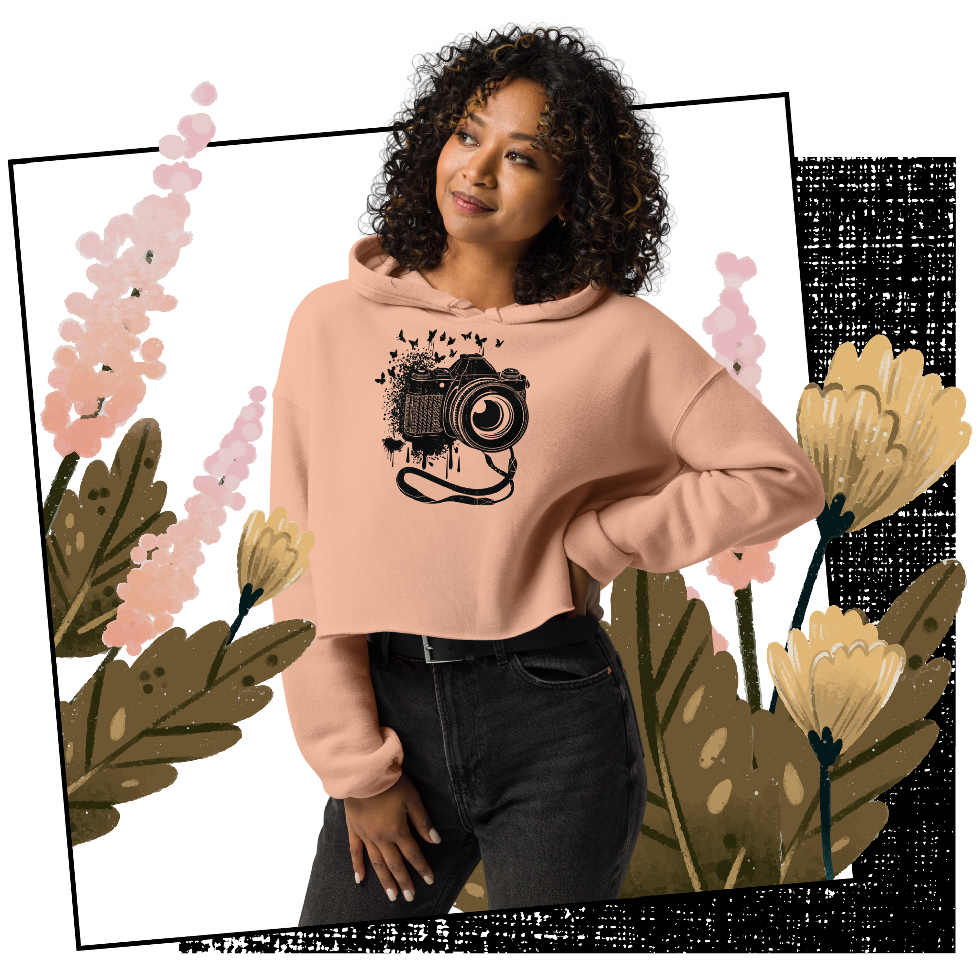 Retro Cropped Hoodie - Vintage Camera and Butterflies Lifestyle 01