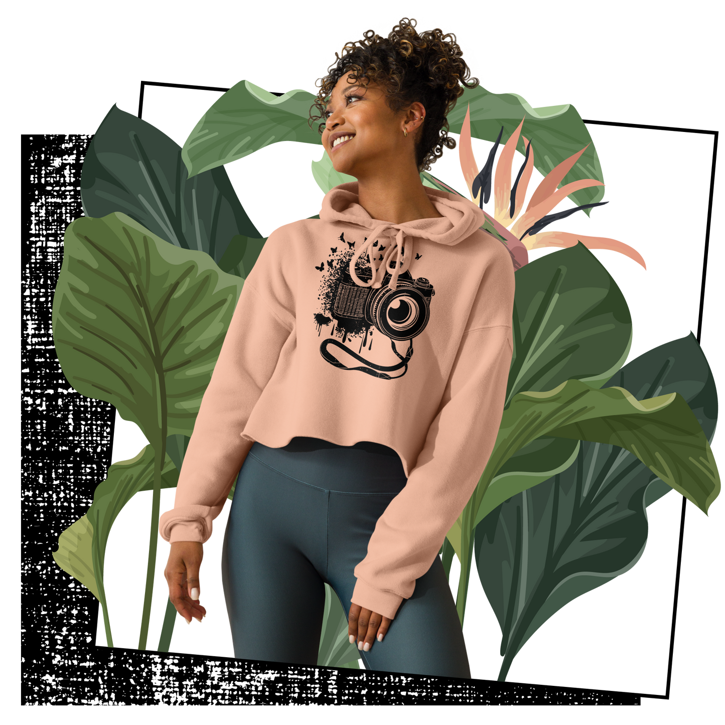 Retro Cropped Hoodie - Vintage Camera and Butterflies Lifestyle 02
