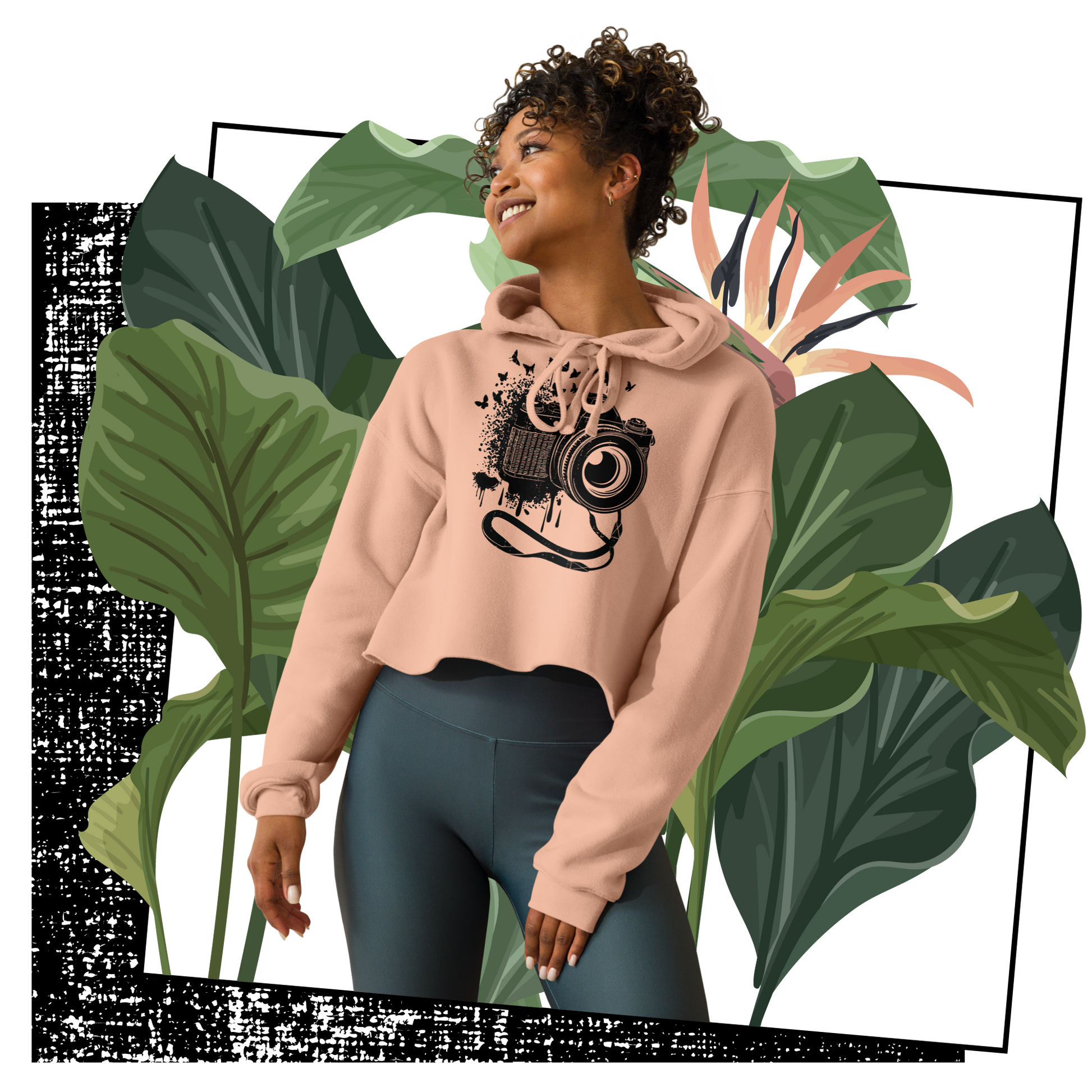 Retro Cropped Hoodie - Vintage Camera and Butterflies Lifestyle 02