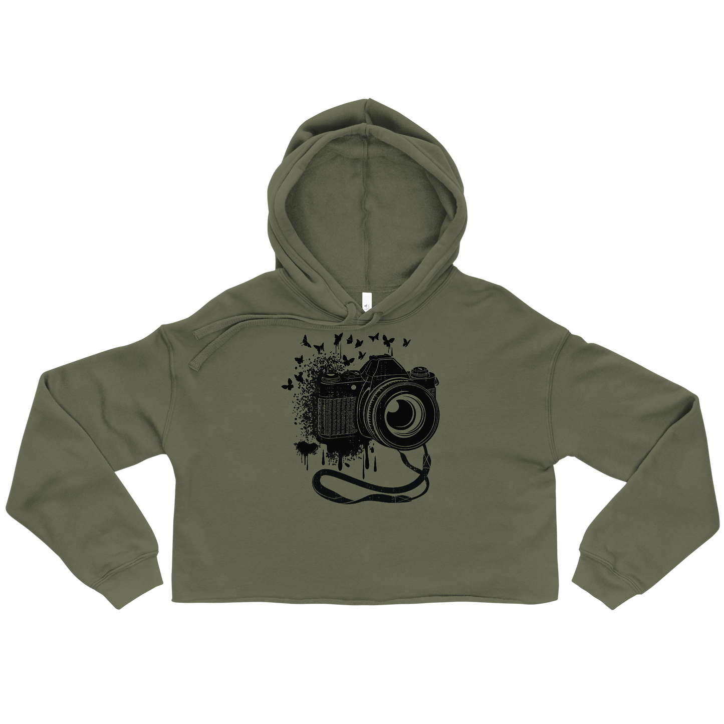 Retro Cropped Hoodie - Vintage Camera and Butterflies Military Green