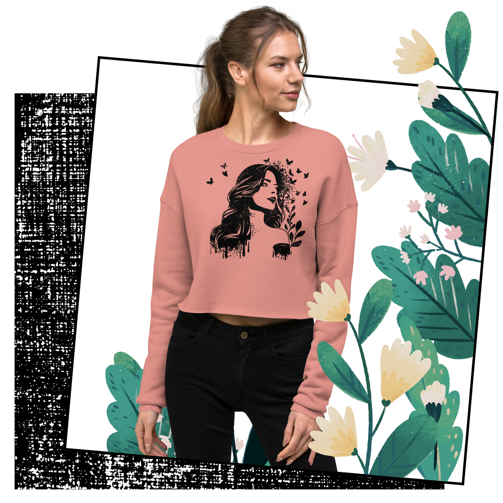 Retro Cropped Sweatshirt - Dreamy Girl in Monochrome Style Lifestyle 01
