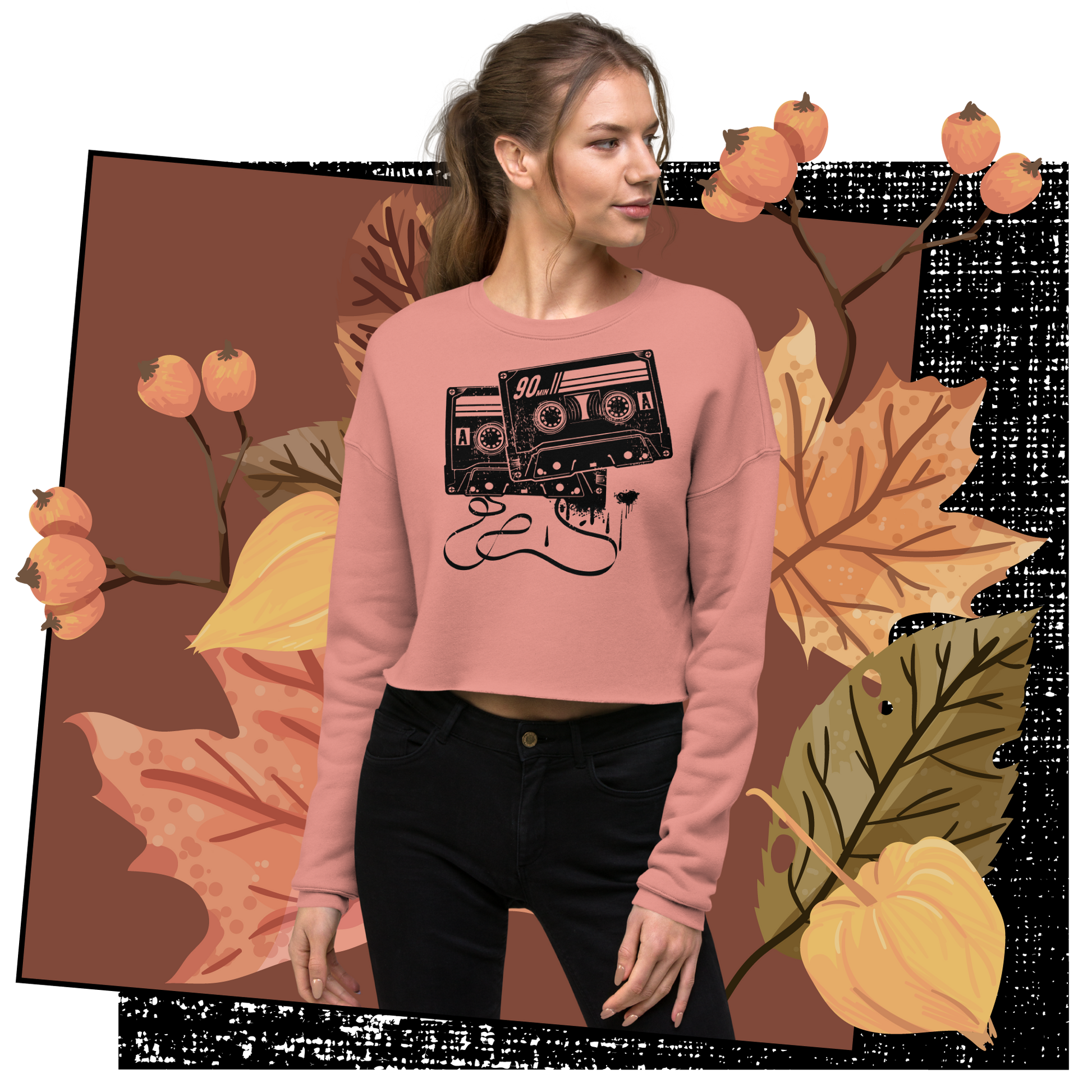 Retro Cropped Sweatshirt - Monochrome Cassette Tape Design Lifestyle 01