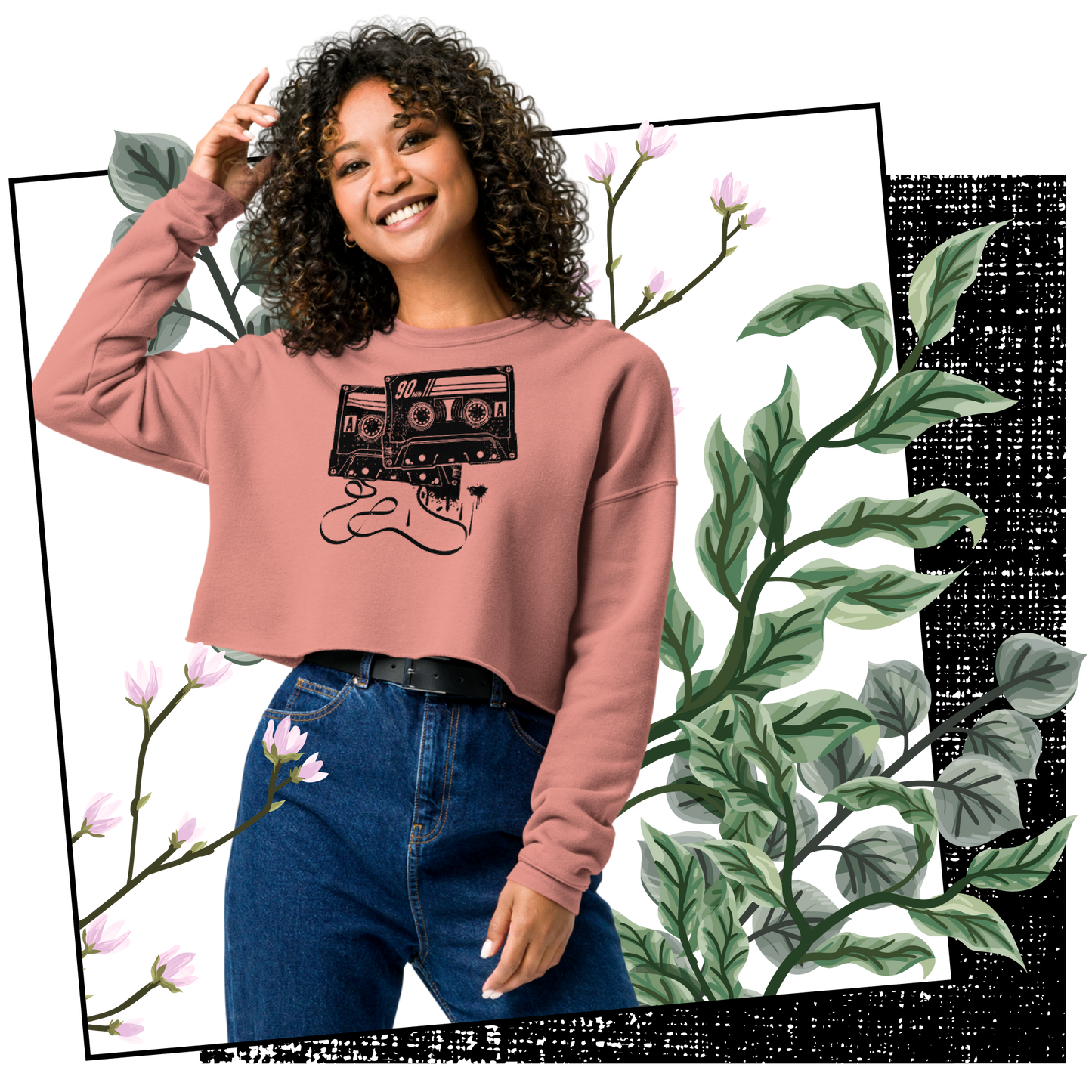 Retro Cropped Sweatshirt - Monochrome Cassette Tape Design Lifestyle 02