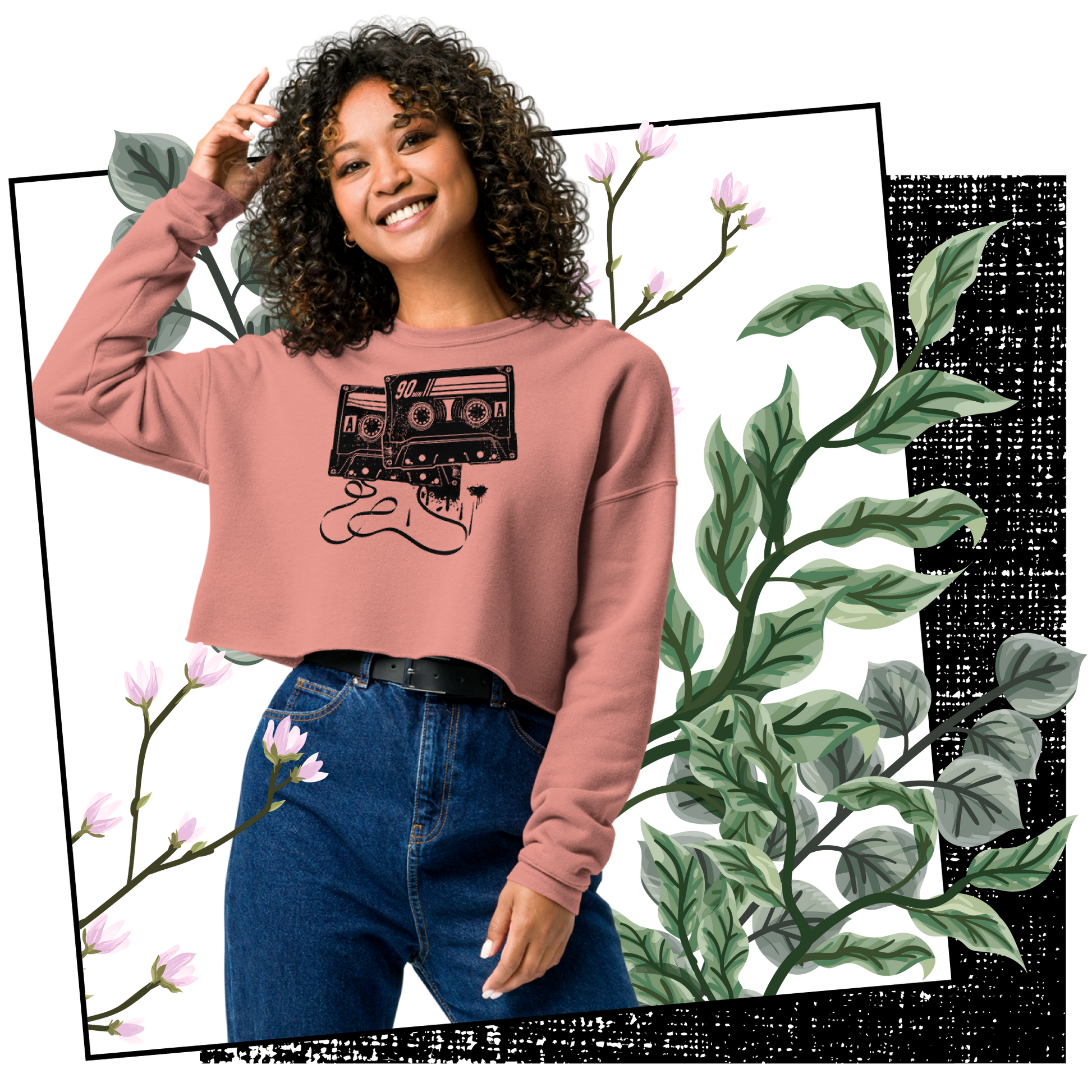 Retro Cropped Sweatshirt - Monochrome Cassette Tape Design Lifestyle 02