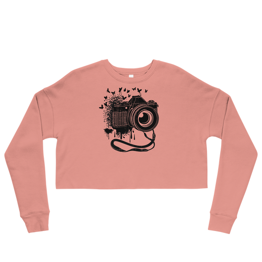 Retro Cropped Sweatshirt - Vintage Camera and Butterflies Mauve