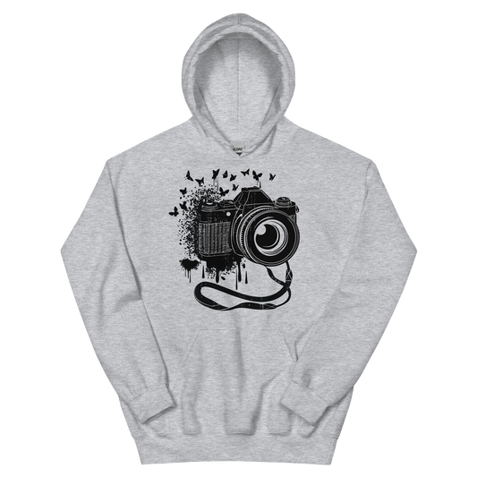 Retro Unisex Hoodie - Vintage Camera and Butterflies Sport Grey