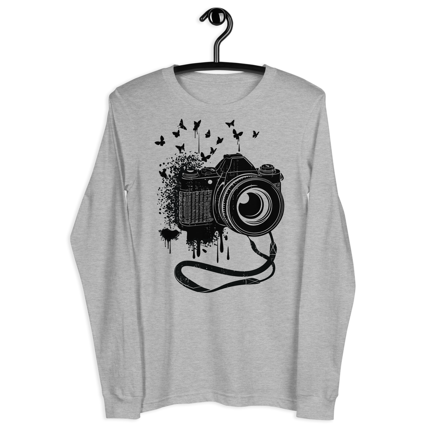 Retro Unisex Long Sleeve Tee - Camera and Butterflies Hanger Front