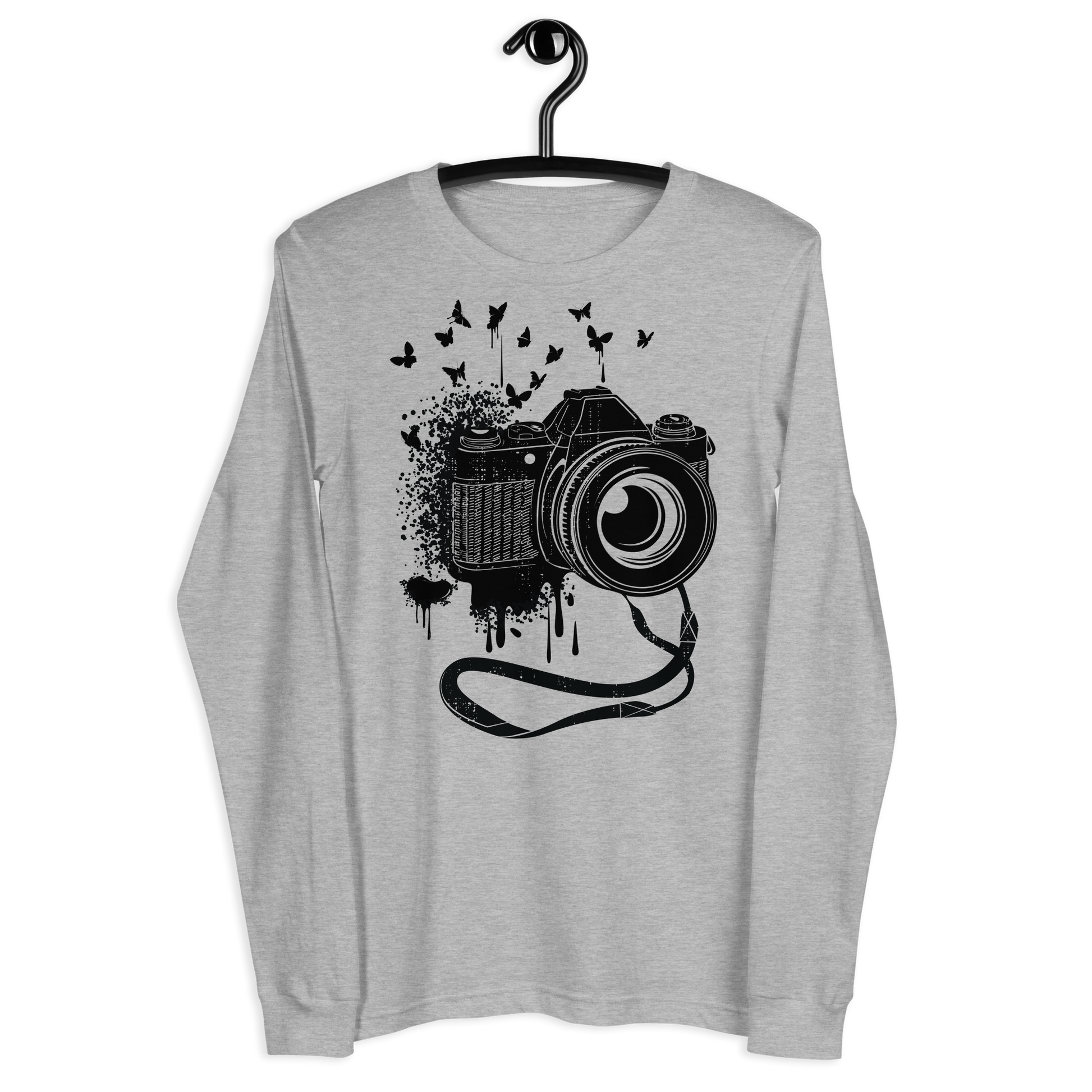 Retro Unisex Long Sleeve Tee - Camera and Butterflies Hanger Front