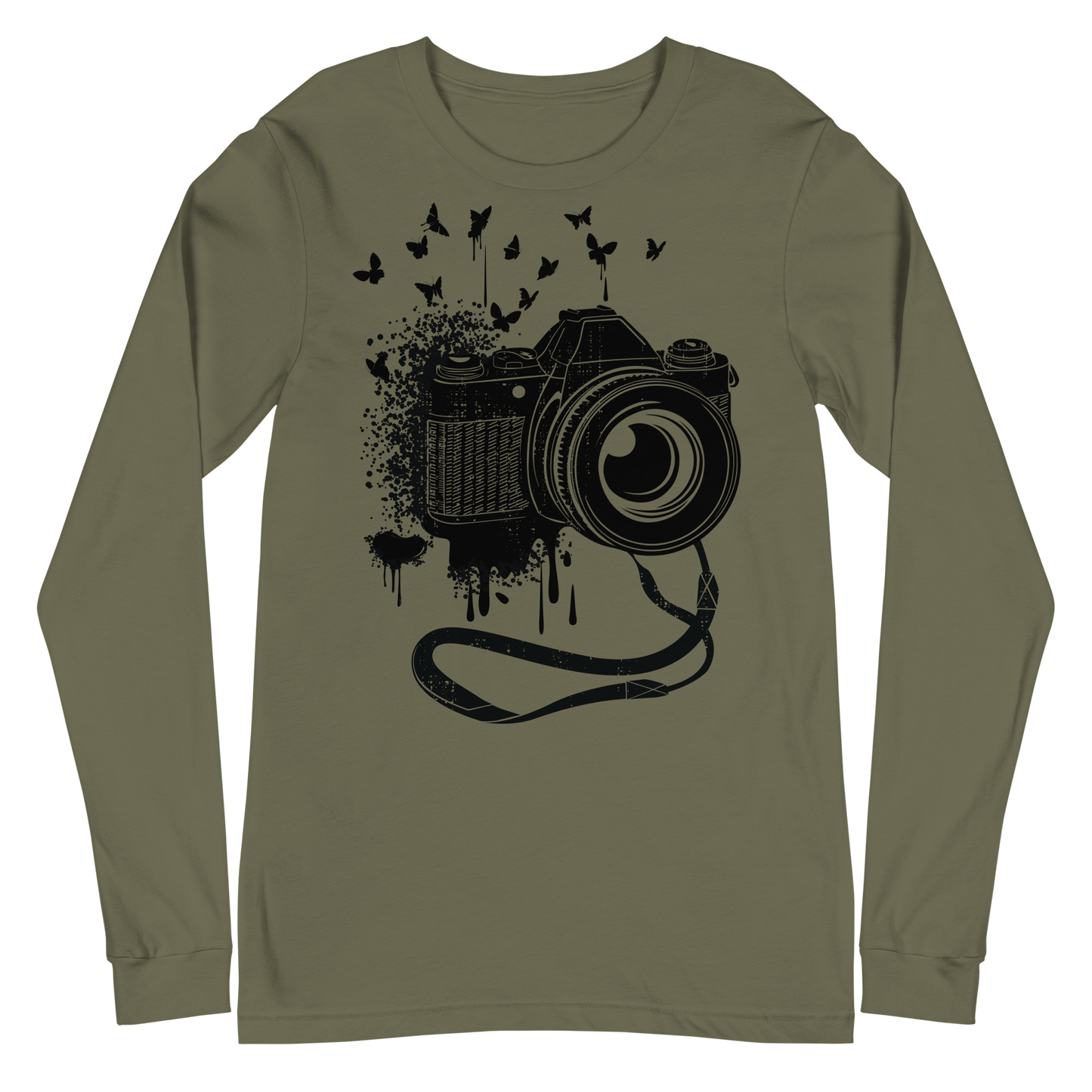 Retro Unisex Long Sleeve Tee - Camera and Butterflies Military Green