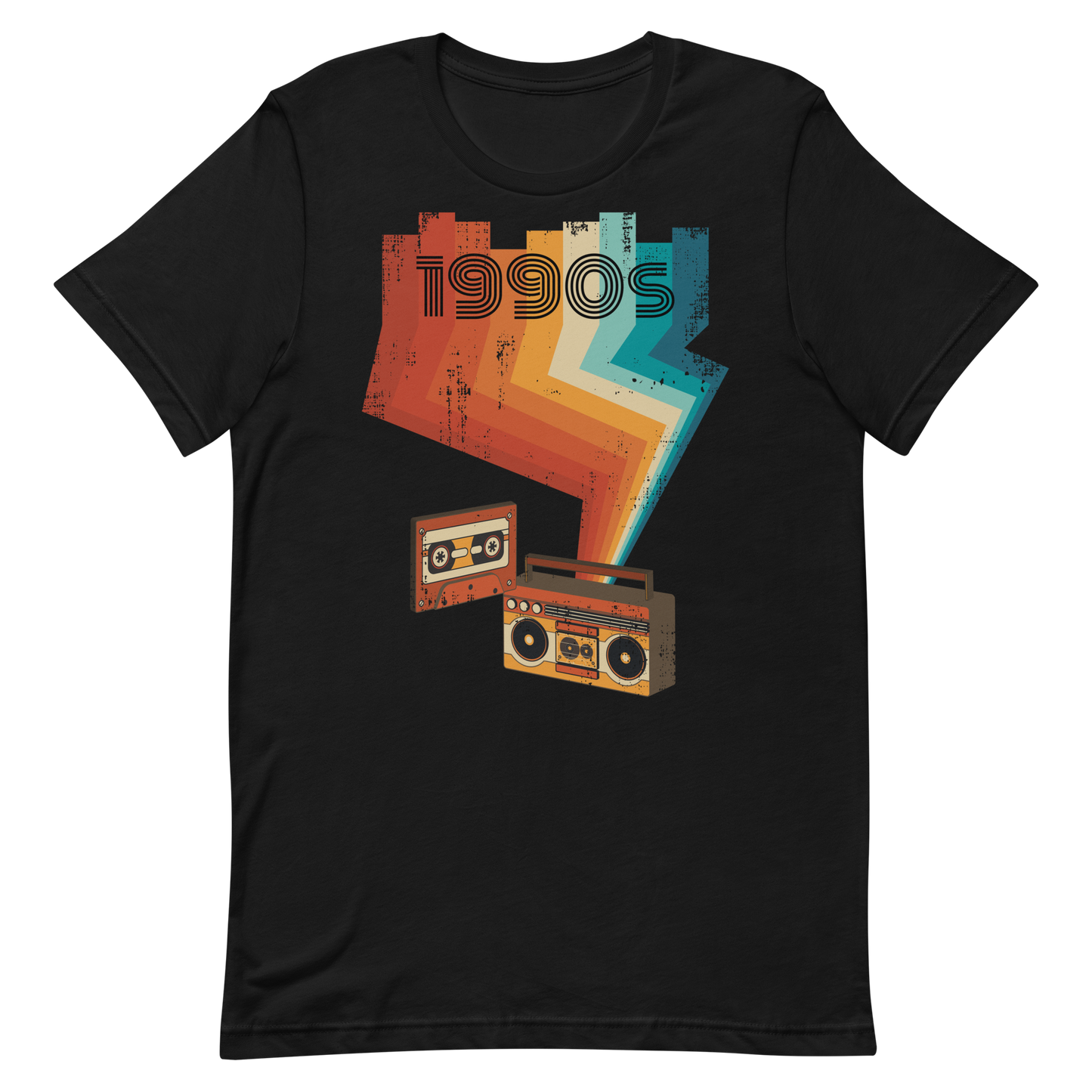 Retro Unisex T-Shirt - Cassette Player and Colorful Rays Black