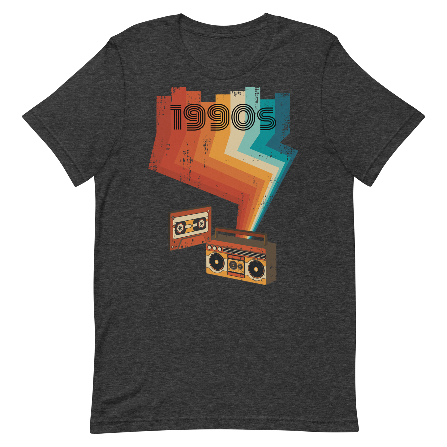 Retro Unisex T-Shirt - Cassette Player and Colorful Rays Dark Grey Heather