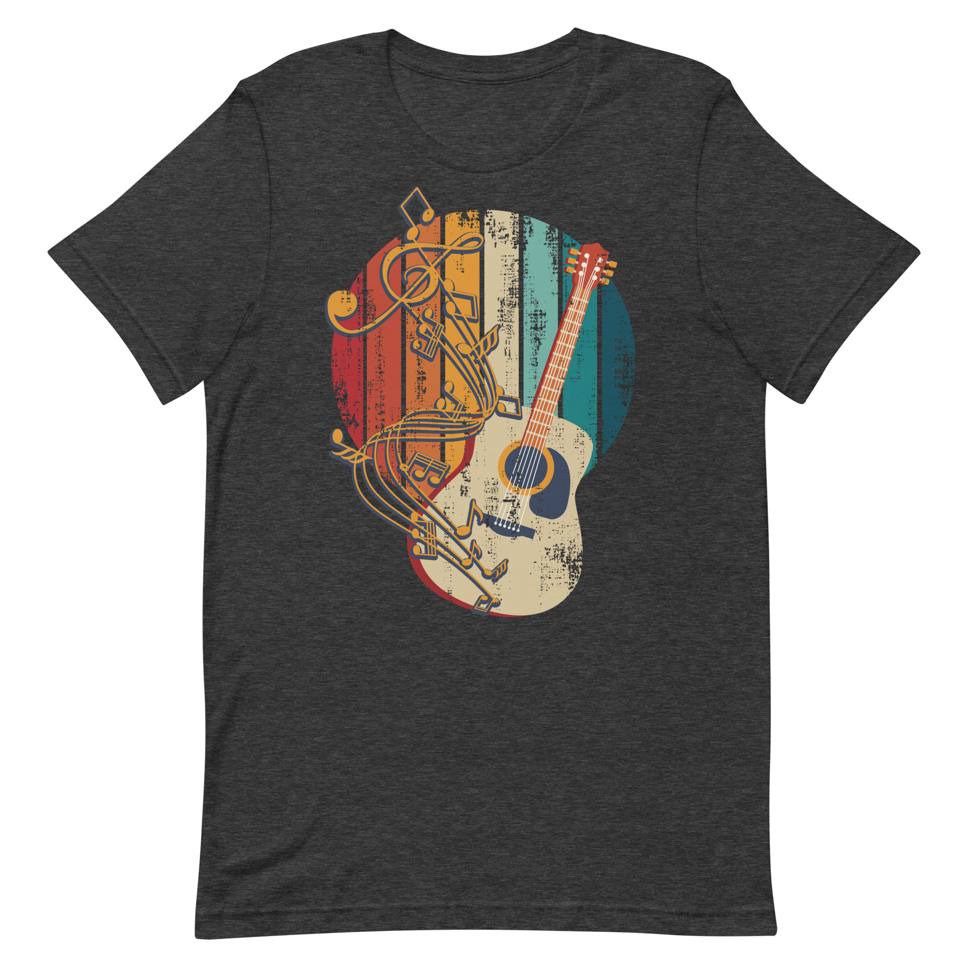Retro Unisex T-Shirt - Classical Guitar and Notes Design Dark Grey Heather