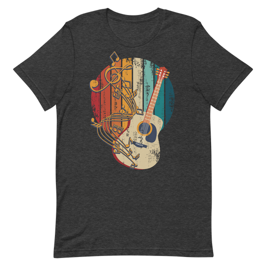 Retro Unisex T-Shirt - Classical Guitar and Notes Design Dark Grey Heather