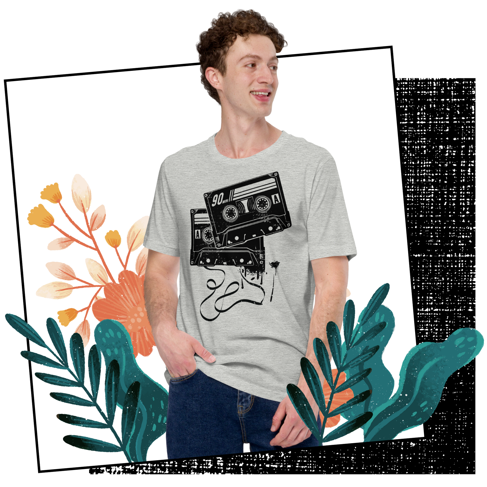 Retro Unisex T-Shirt - Monochrome Cassette Tape Design Lifestyle 02