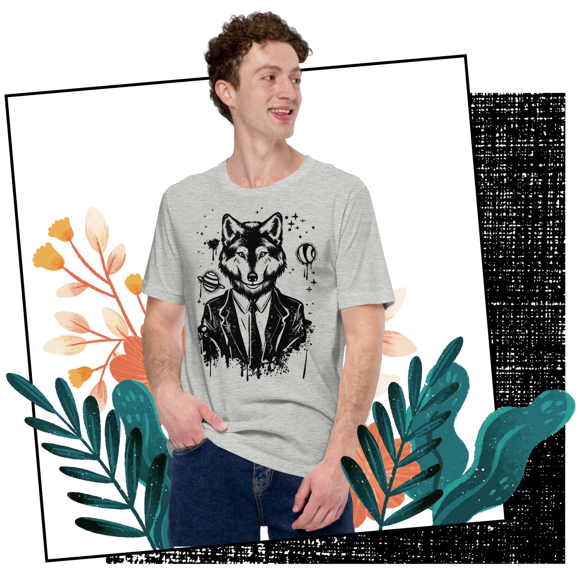 Retro Unisex T-Shirt - Monochrome Wolf and Astronomy Design Lifestyle 01
