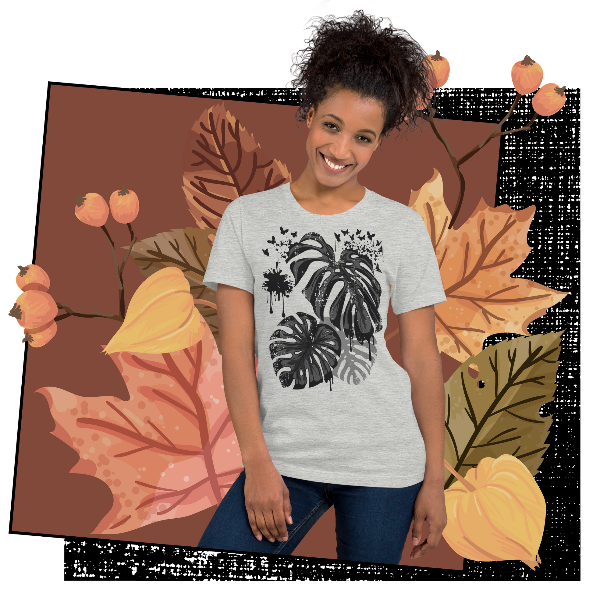 Retro Unisex T-Shirt - Monstera Leaves Disintegrating into Butterflies Lifestyle 01