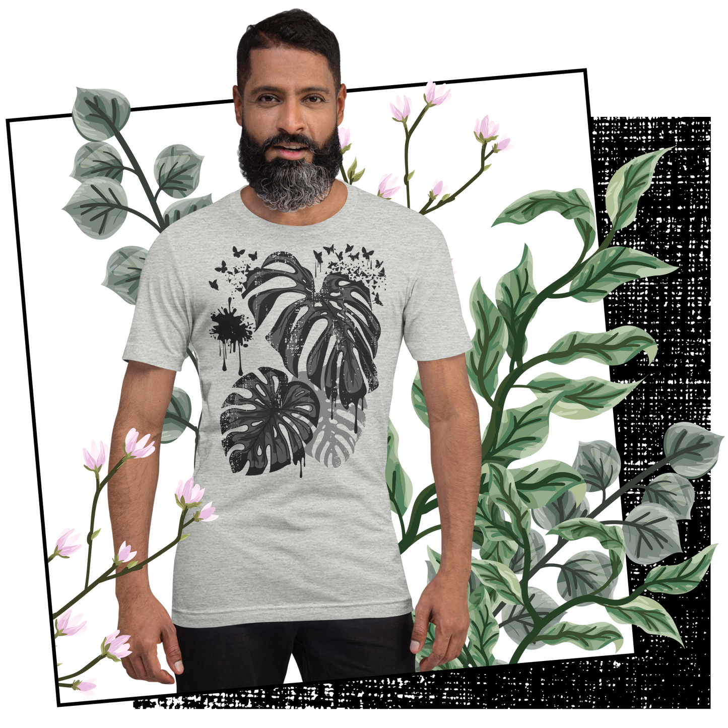 Retro Unisex T-Shirt - Monstera Leaves Disintegrating into Butterflies Lifestyle 02