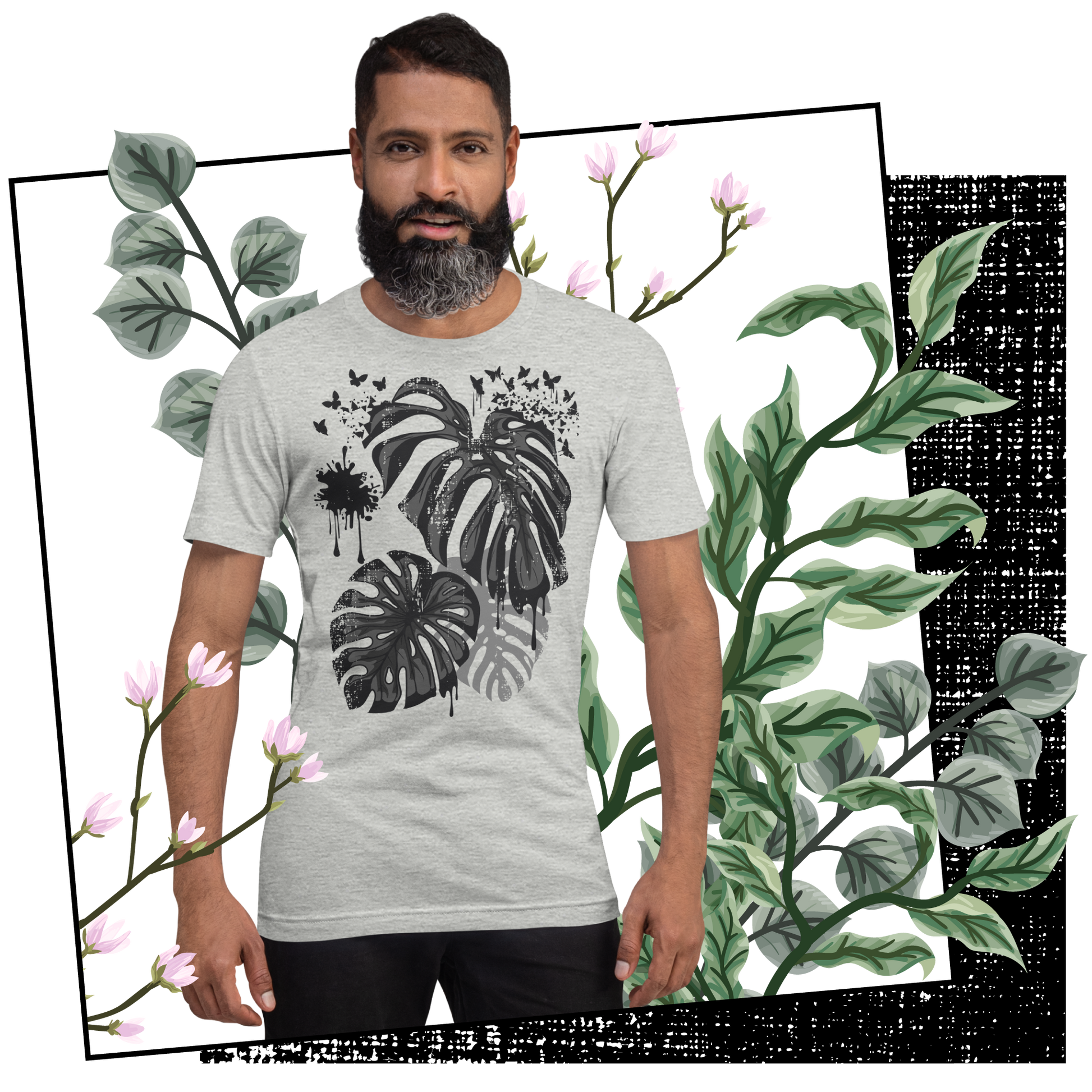 Retro Unisex T-Shirt - Monstera Leaves Disintegrating into Butterflies Lifestyle 02