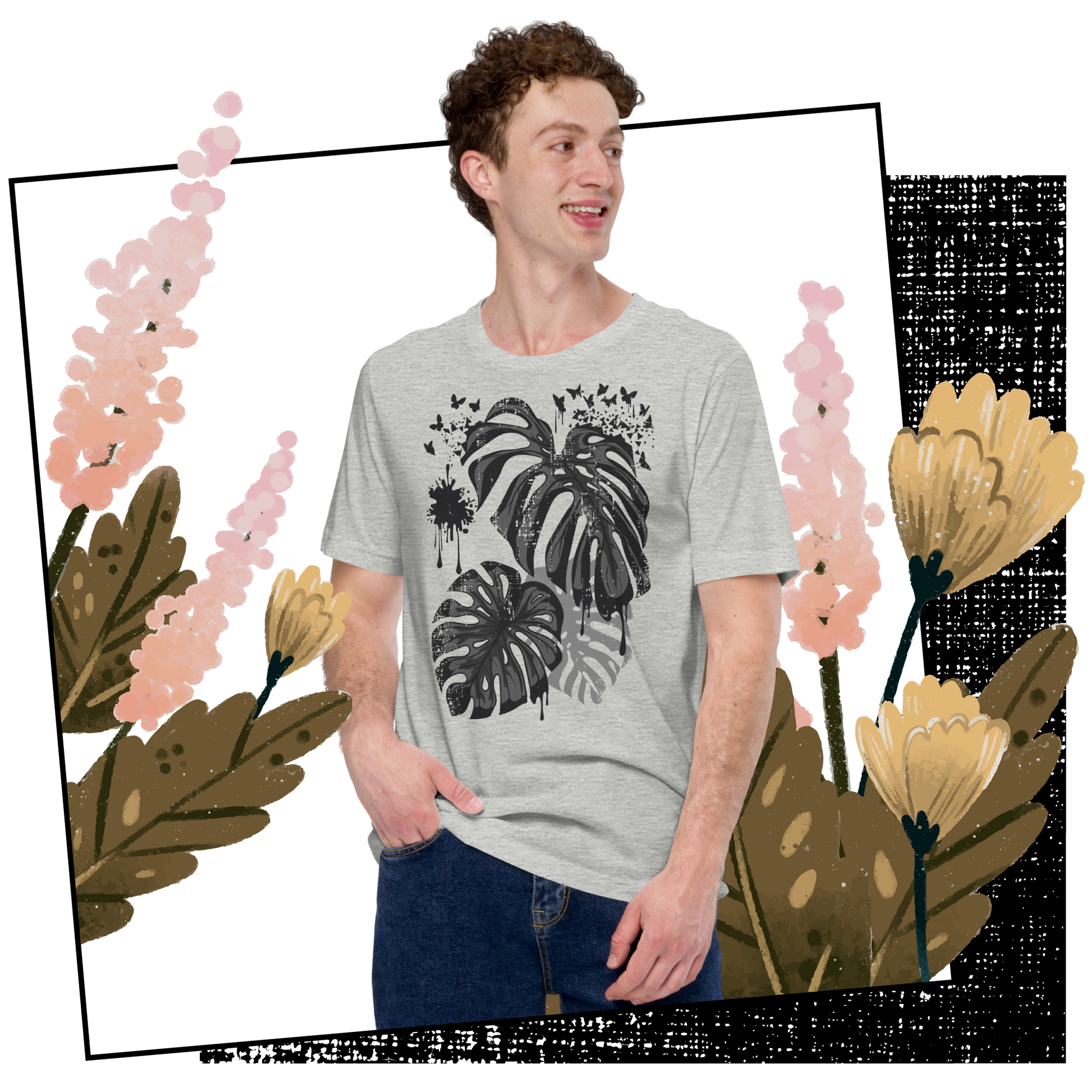 Retro Unisex T-Shirt - Monstera Leaves Disintegrating into Butterflies Lifestyle 03