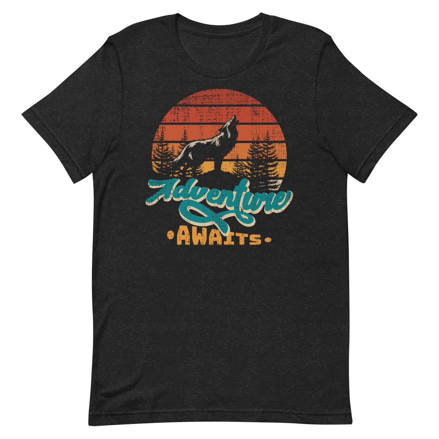 Retro Unisex T-Shirt - Wolf at Sunset and Adventure Awaits Black Heather