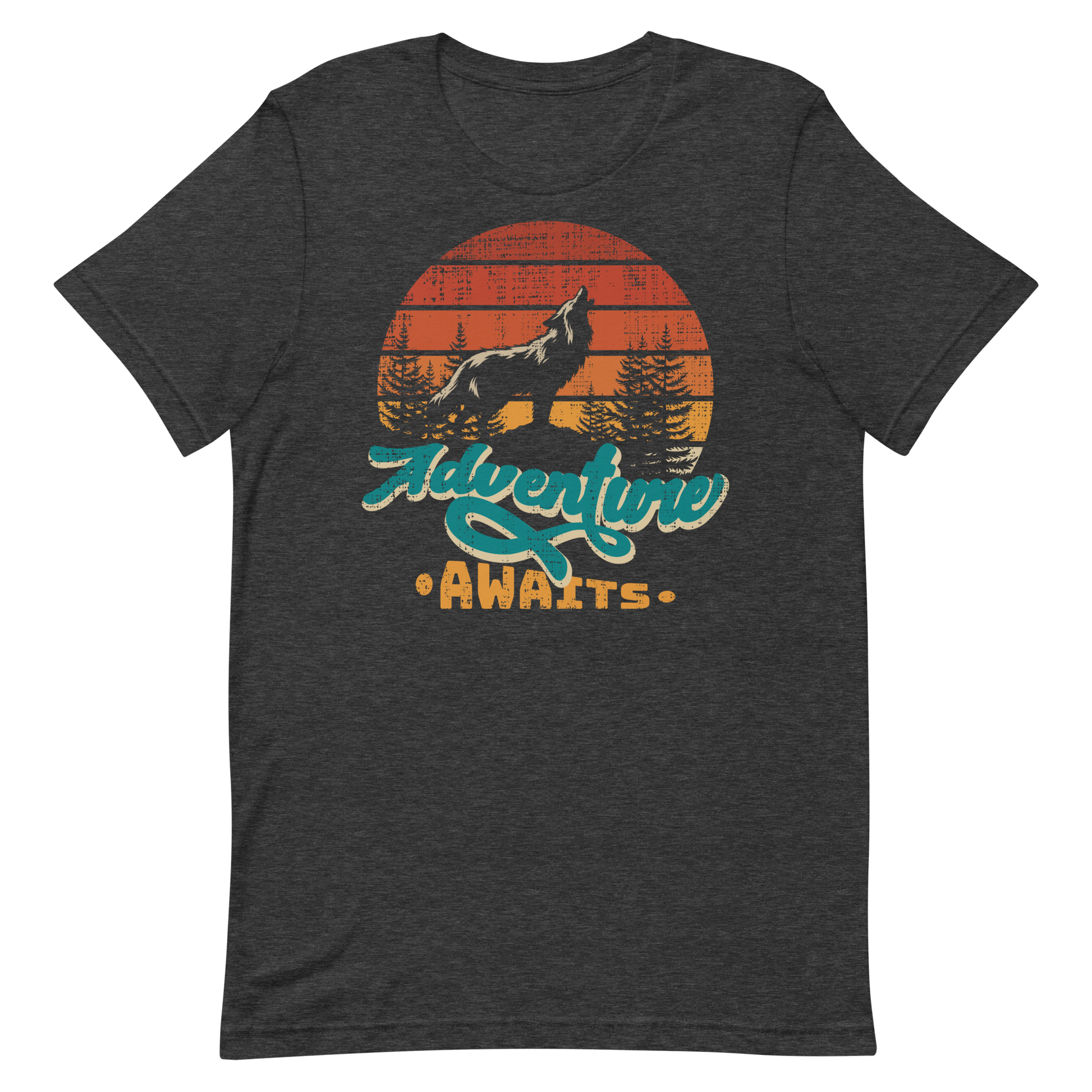 Retro Unisex T-Shirt - Wolf at Sunset and Adventure Awaits Dark Grey Heather