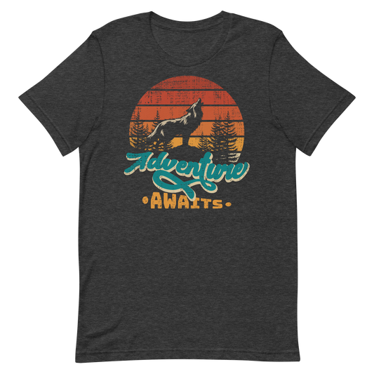 Retro Unisex T-Shirt - Wolf at Sunset and Adventure Awaits Dark Grey Heather