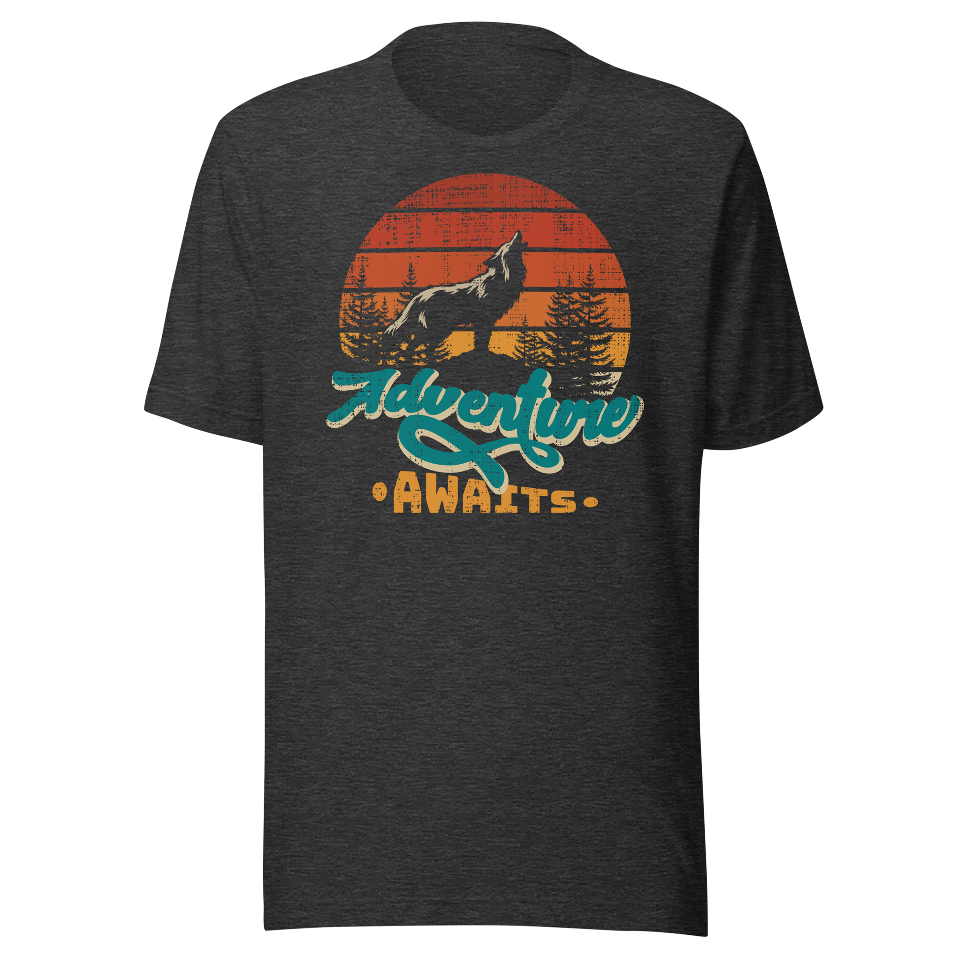 Retro Unisex T-Shirt - Wolf at Sunset and Adventure Awaits Ghost Front