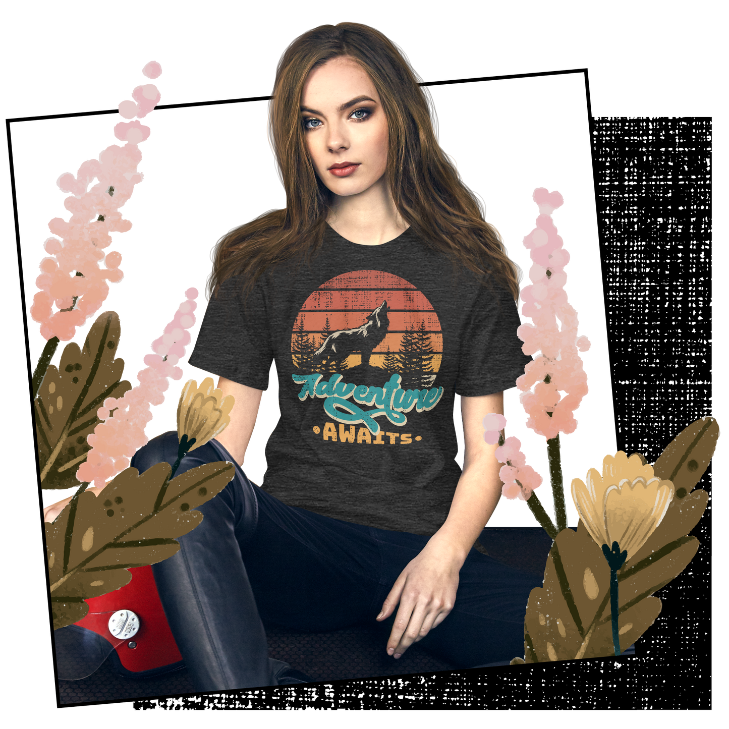 Retro Unisex T-Shirt - Wolf at Sunset and Adventure Awaits Lifestyle 01