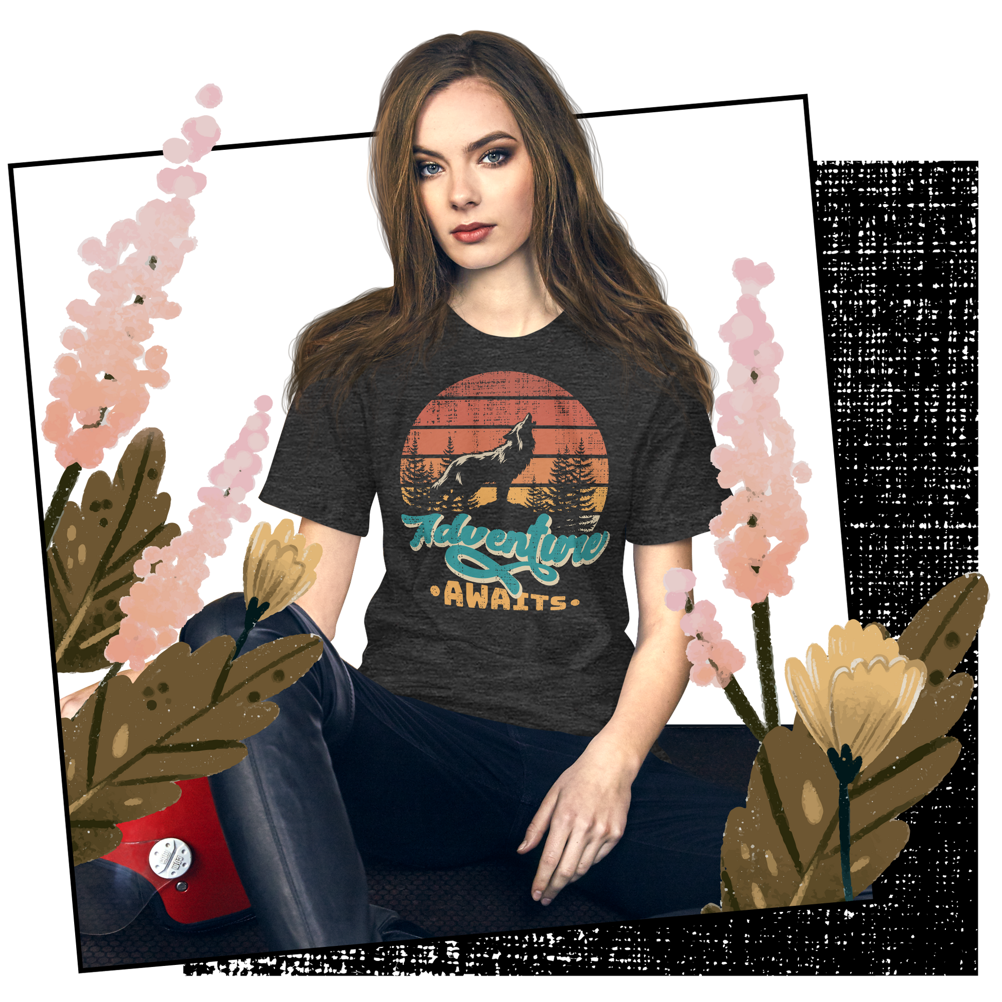 Retro Unisex T-Shirt - Wolf at Sunset and Adventure Awaits Lifestyle 01