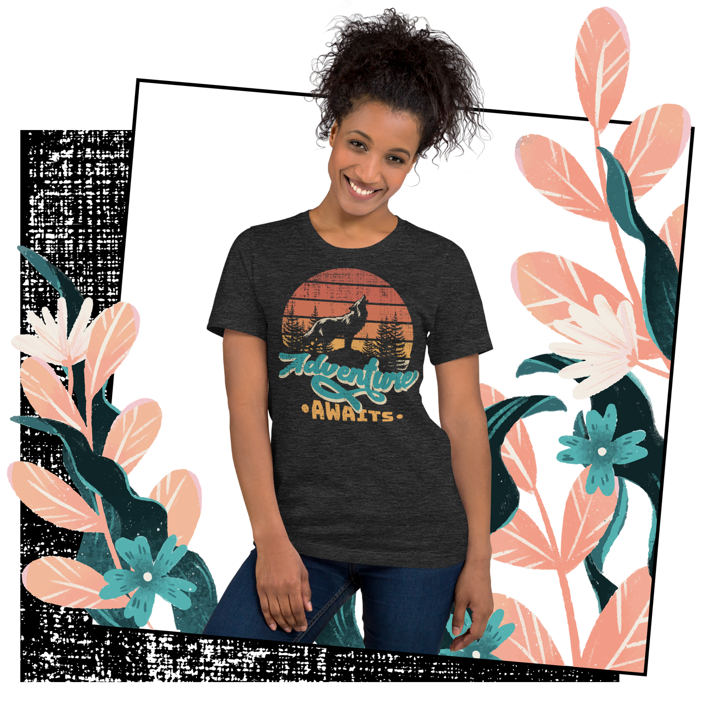 Retro Unisex T-Shirt - Wolf at Sunset and Adventure Awaits Lifestyle 02