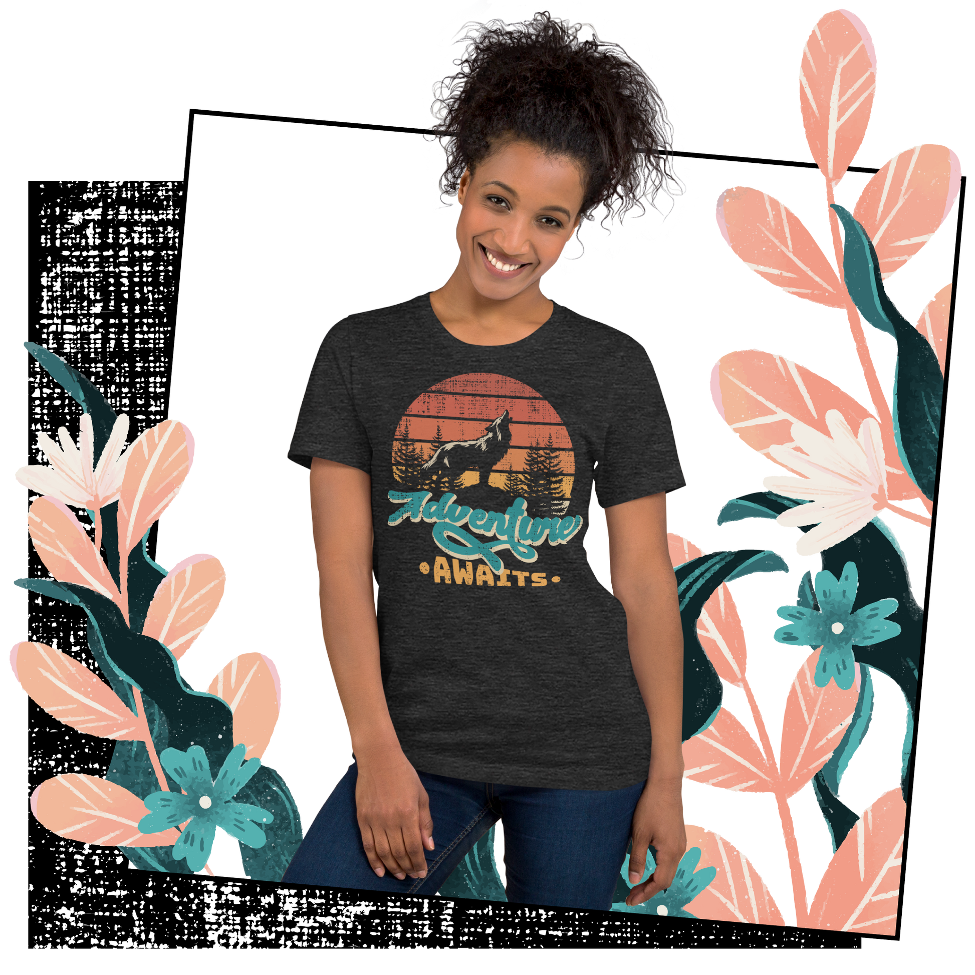 Retro Unisex T-Shirt - Wolf at Sunset and Adventure Awaits Lifestyle 02