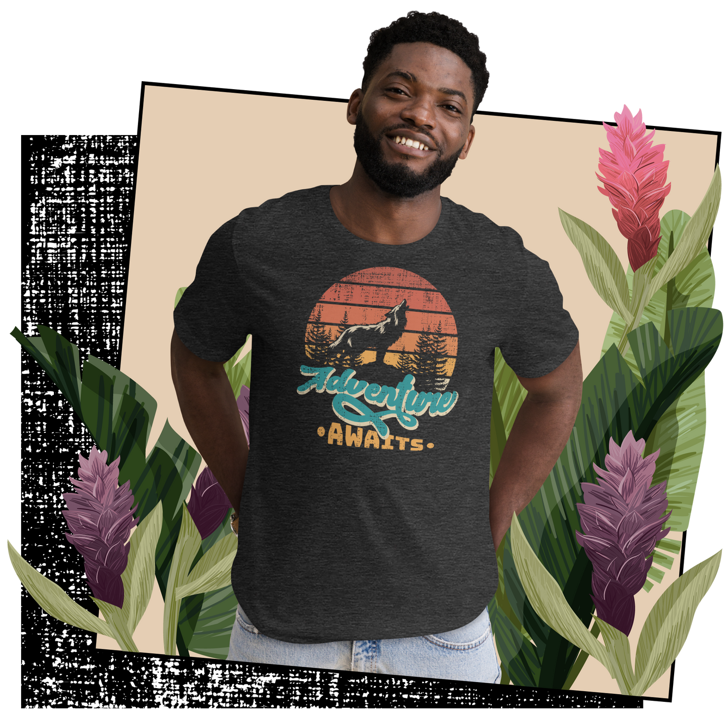 Retro Unisex T-Shirt - Wolf at Sunset and Adventure Awaits Lifestyle 03