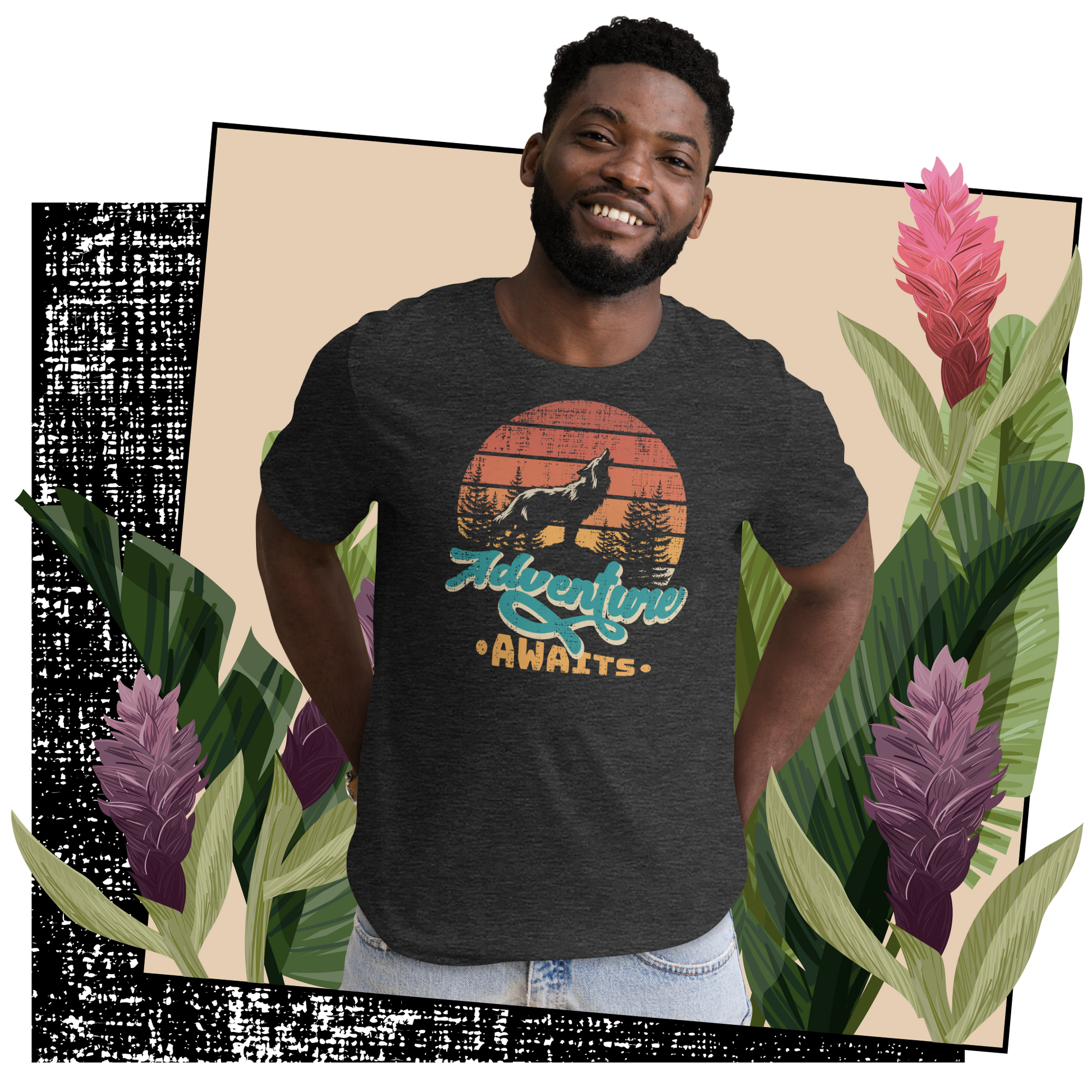 Retro Unisex T-Shirt - Wolf at Sunset and Adventure Awaits Lifestyle 03