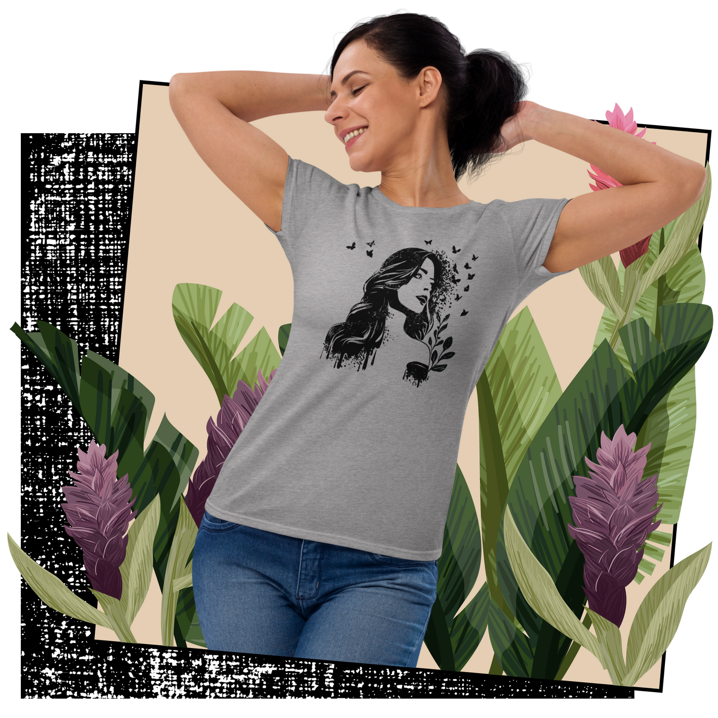 Retro Women's T-Shirt - Dreamy Girl in Monochrome Style Lifestyle 02