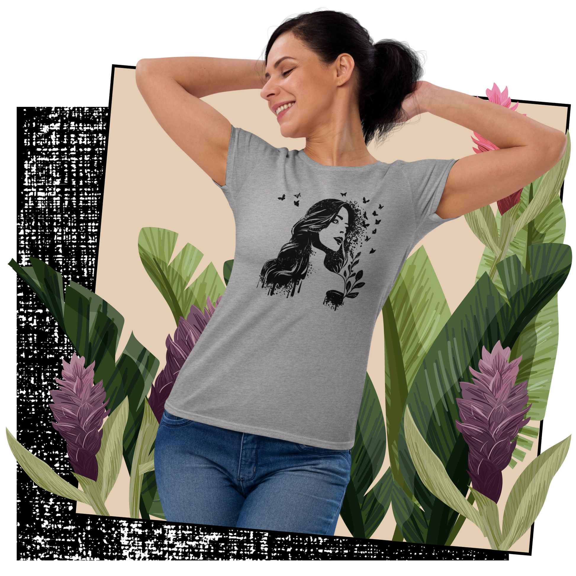 Retro Women's T-Shirt - Dreamy Girl in Monochrome Style Lifestyle 02