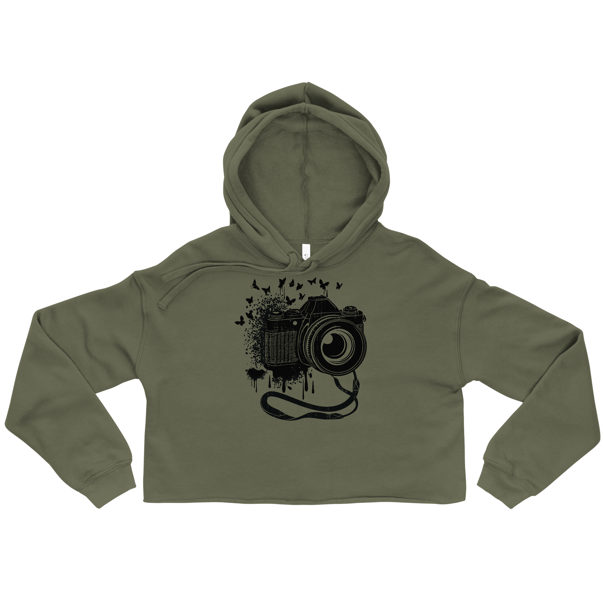 Retro Cropped Hoodie - Vintage Camera and Butterflies Military Green