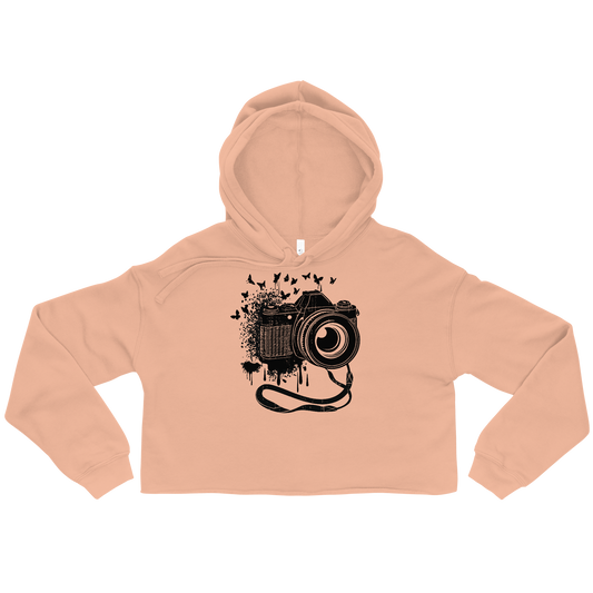 Retro Cropped Hoodie - Vintage Camera and Butterflies Peach