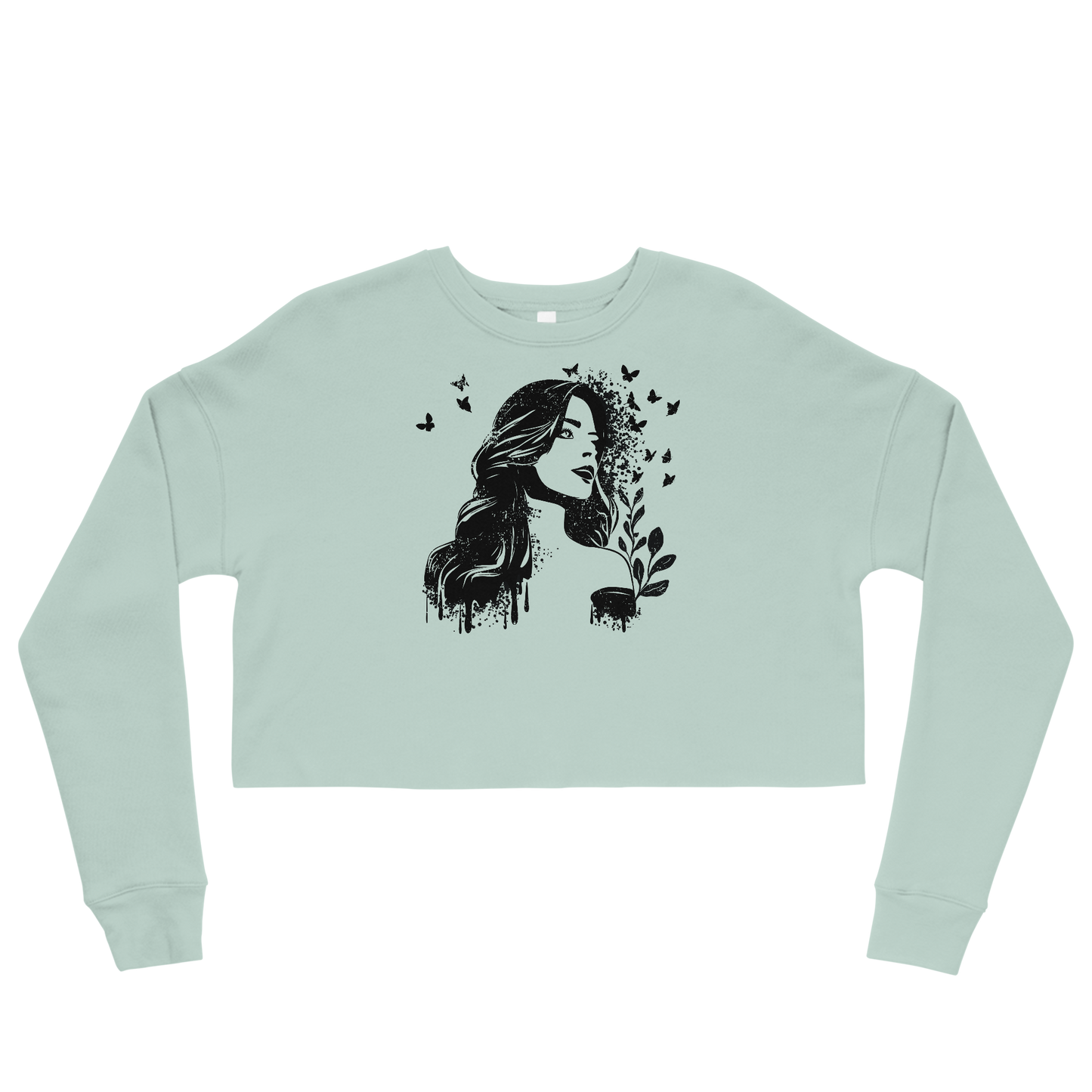 Retro Cropped Sweatshirt - Dreamy Girl in Monochrome Style Dusty Blue