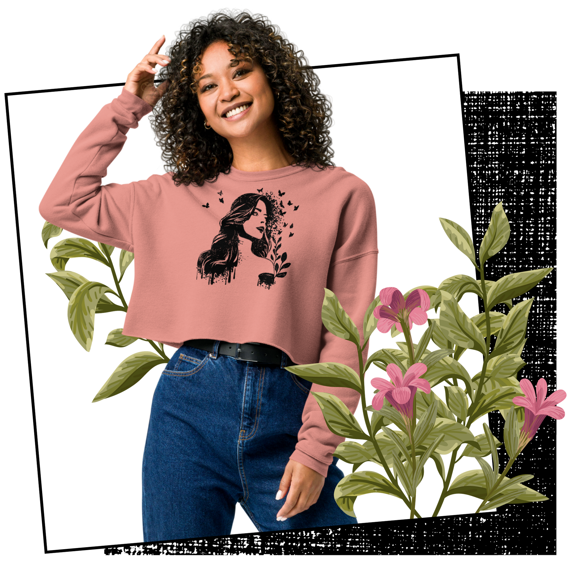 Retro Cropped Sweatshirt - Dreamy Girl in Monochrome Style Lifestyle 02
