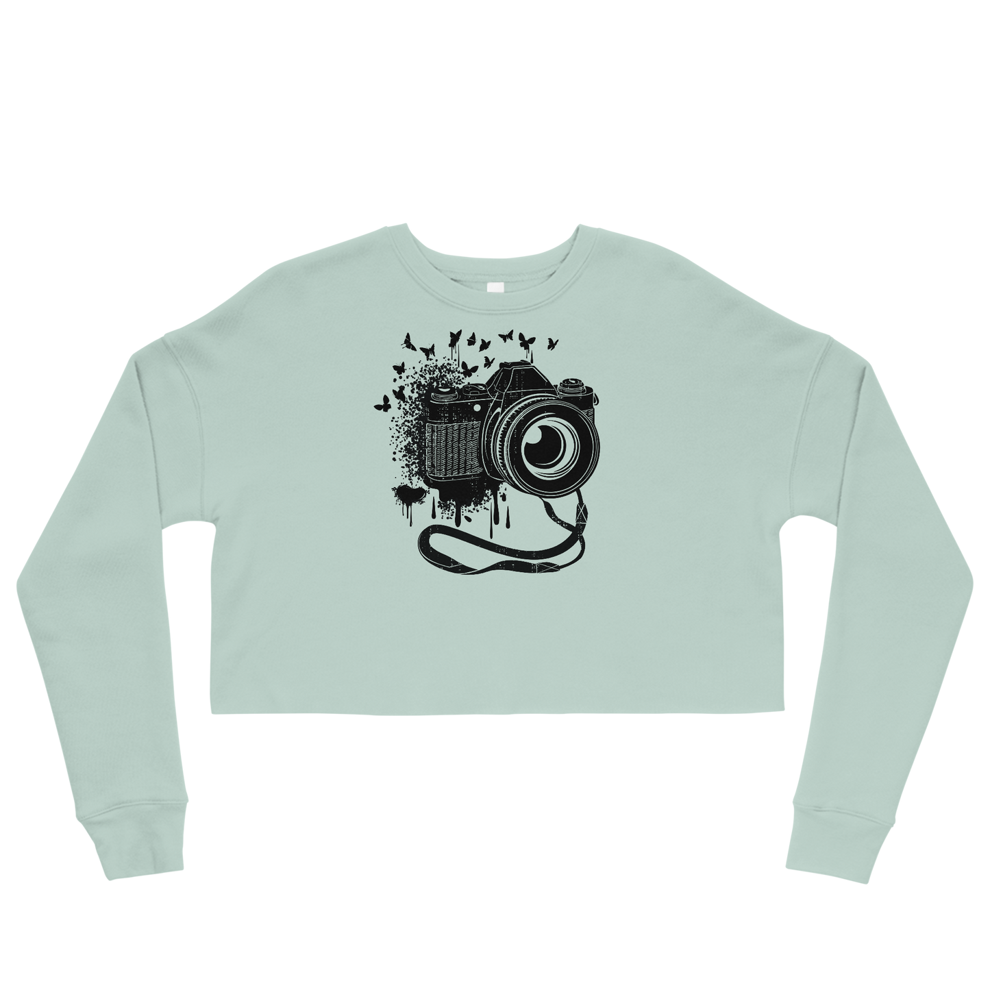 Retro Cropped Sweatshirt - Vintage Camera and Butterflies Dusty Blue