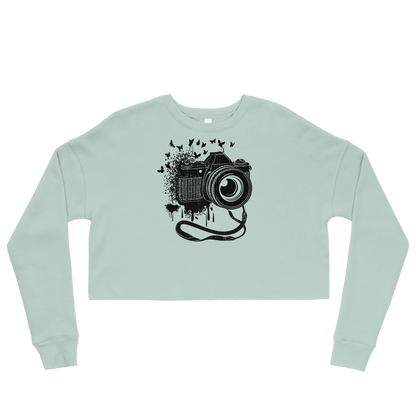 Retro Cropped Sweatshirt - Vintage Camera and Butterflies Dusty Blue