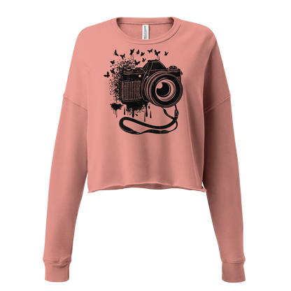 Retro Cropped Sweatshirt - Vintage Camera and Butterflies Ghost Front