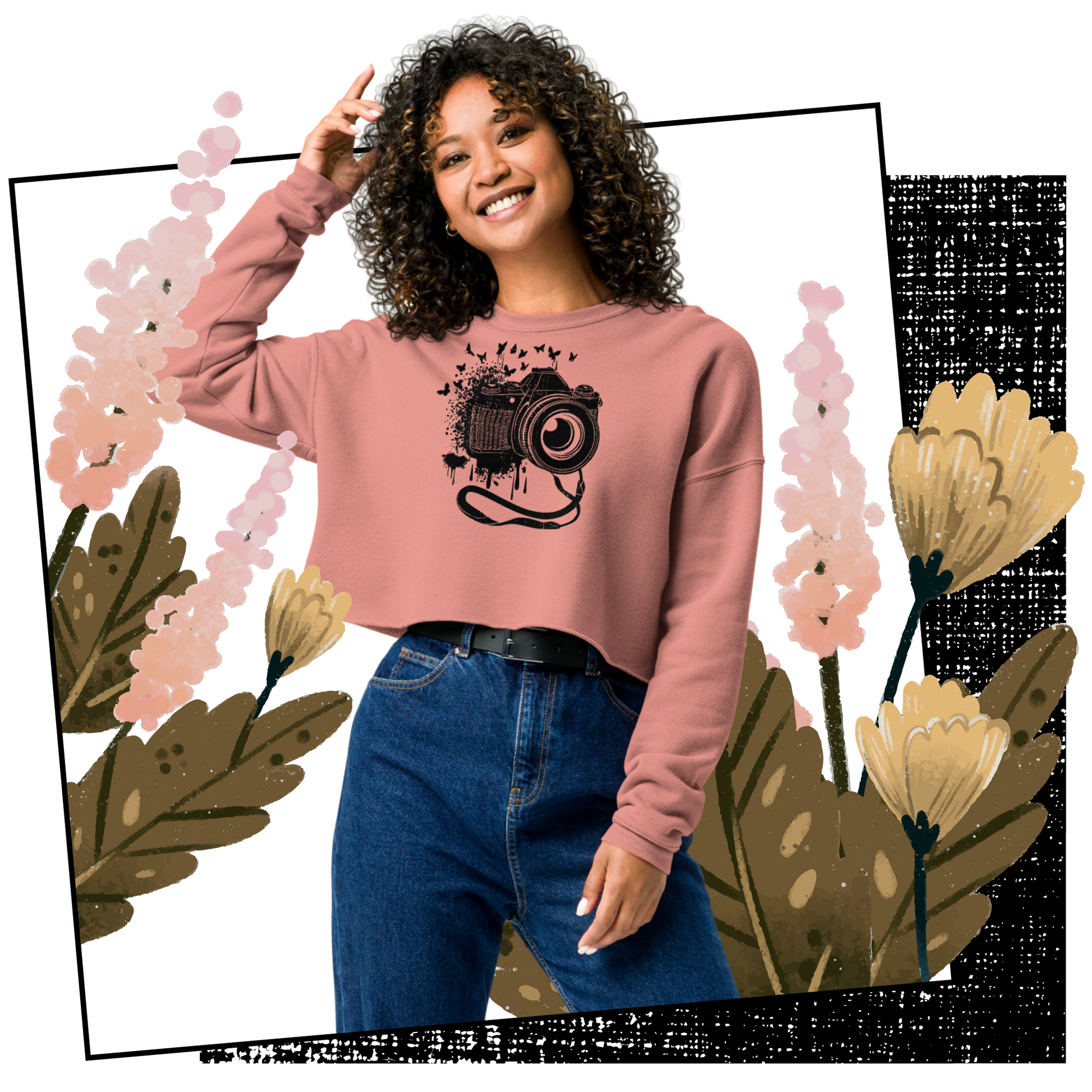 Retro Cropped Sweatshirt - Vintage Camera and Butterflies Lifestyle 01