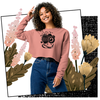 Retro Cropped Sweatshirt - Vintage Camera and Butterflies Lifestyle 01