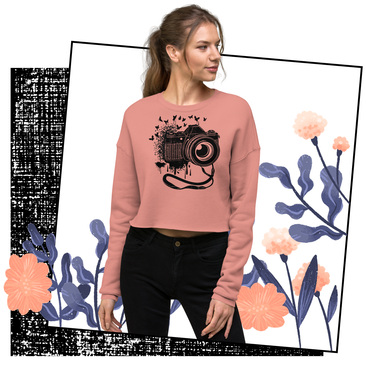 Retro Cropped Sweatshirt - Vintage Camera and Butterflies Lifestyle 02